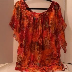Sheer maternity top, vibrant orange pattern, Olian size small, silk